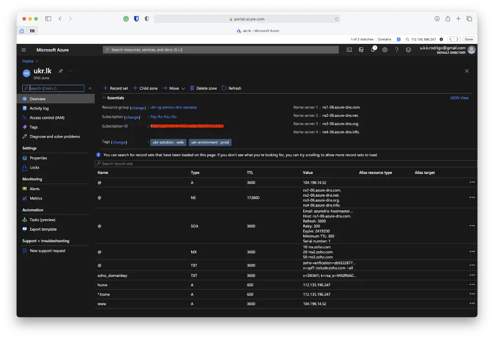 Azure DNS Zones Screenshot