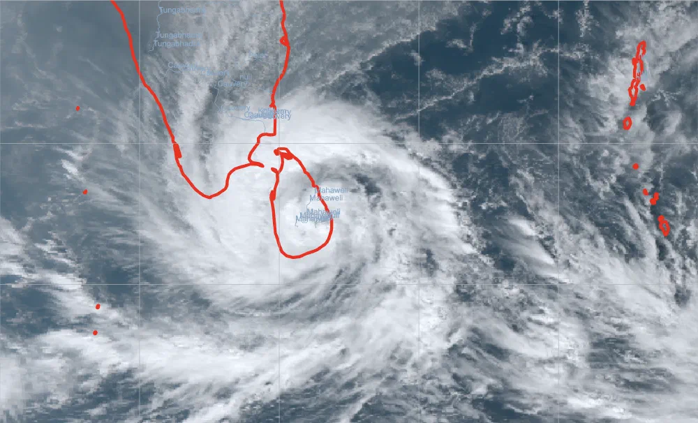 Sri Lanka under cyclone ditwah, captured by JAXA&rsquo;s Himwari-8 satellite