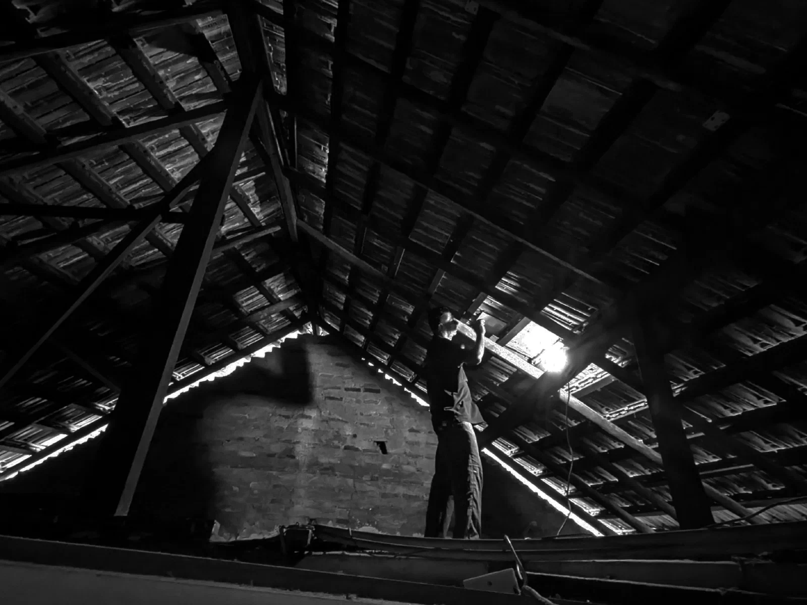 The attic, the handy man fixing the leak.
